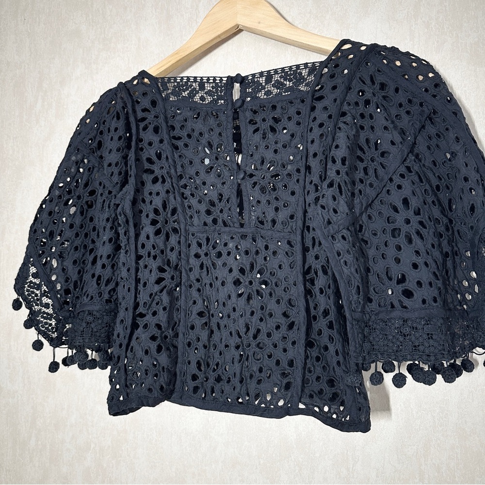 Anthropologie Black Eyelet Lace Cropped Blouse - Picture 10 of 15